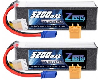 Zeee 22.2V 100C 5200mAh 6S Lipo Battery with EC5 and XT90 Connector RC Battery for RC Car Truck plane Helicopter Quadcopter Boat (2 Pack)