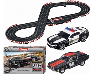 Evolution Most Wanted  Car Race Set 1:24 Scale Analog Track System - Includes Two 1:32 Scale Cars: Chevrolet Camaro Sheriff and Ford Mustang GT No. 66 - 2 Dual-Speed Controllers Ages 8+