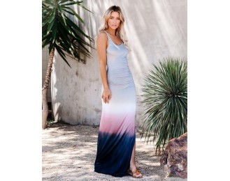 Beach Sunset Ombre Ruched Maxi Dress