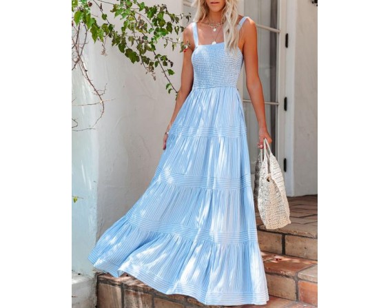 At Sea Cotton Blend Smocked Maxi Dress - Blue