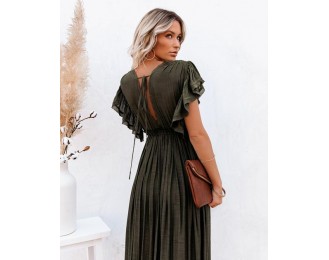 Anika Pocketed Button Down Ruffle Maxi Dress - Olive