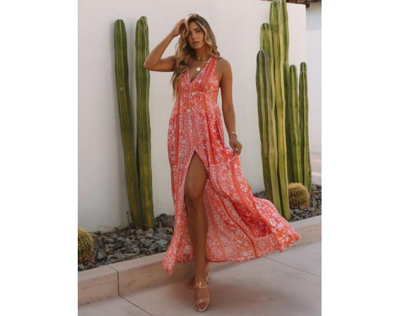 Trystan Floral Crochet Tiered Maxi Dress - Coral